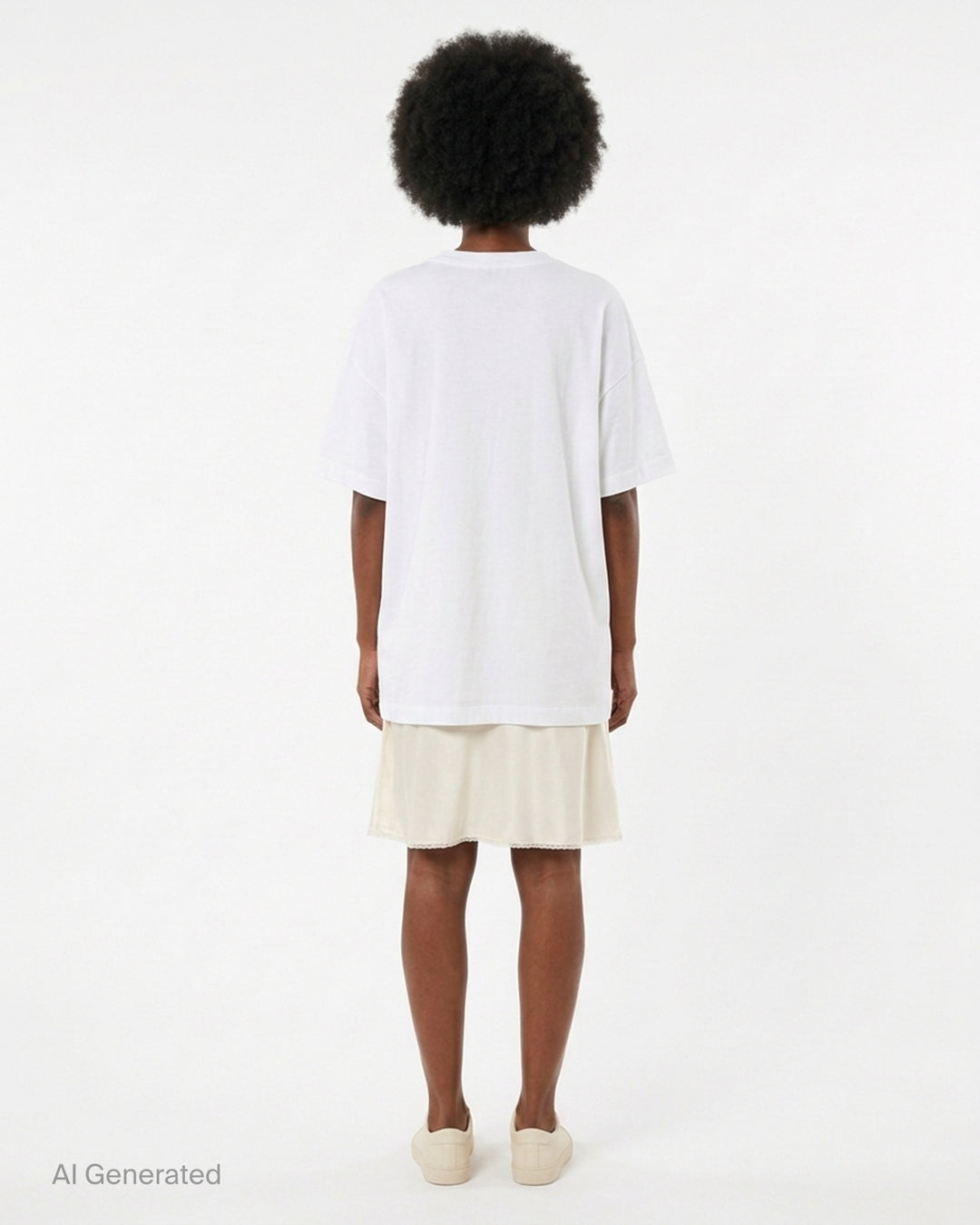 Vaquera layered dress combining an oversized white T-shirt with a cream satin bustier slip dress with lace hem - back