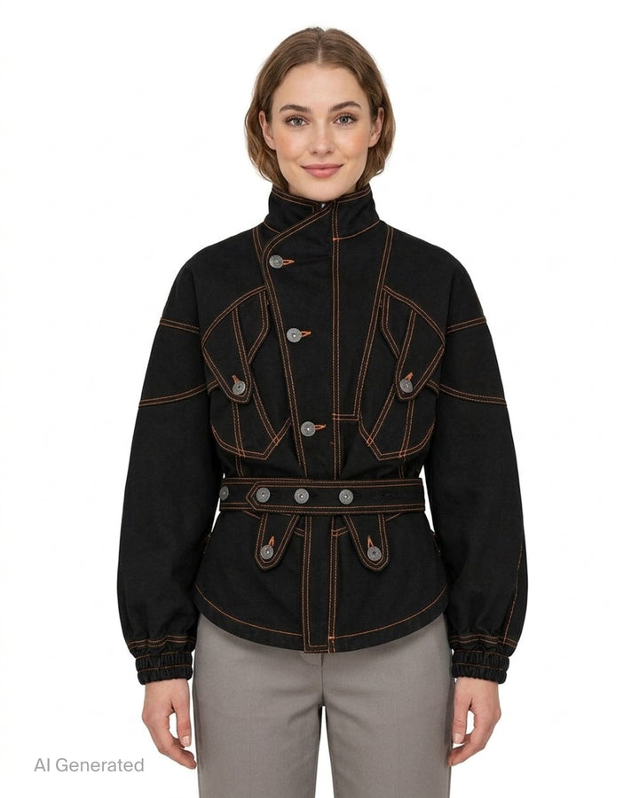Vaquera women's black denim jacket with orange contrast topstitching, stand collar, button-tab pocket flaps, belted waist and elasticated cuffs - front