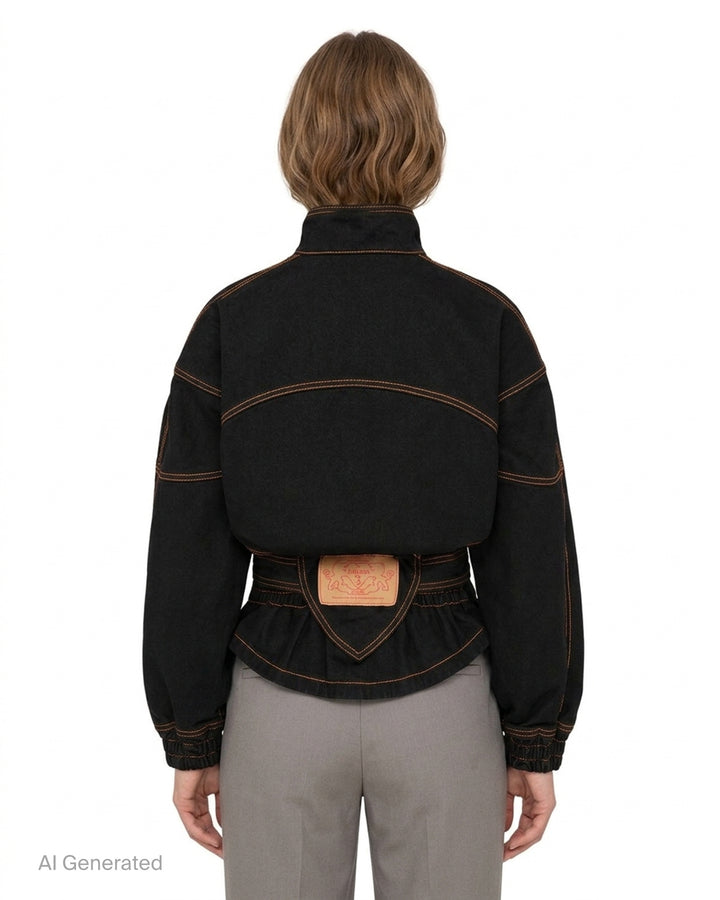Vaquera women's black denim jacket with orange contrast topstitching, stand collar, button-tab pocket flaps, belted waist and elasticated cuffs - back