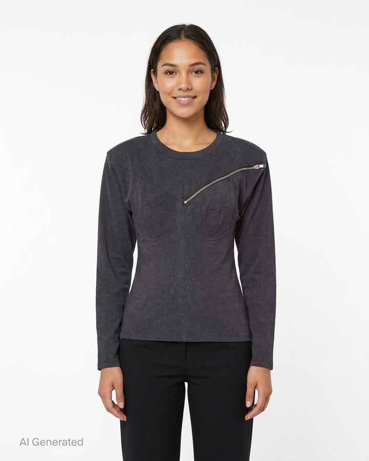 Vaquera women's charcoal long-sleeve knit top with corset-style bust seams, structured shoulders and an asymmetric diagonal zip across the chest - front