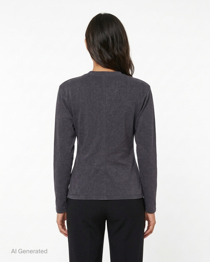 Vaquera women's charcoal long-sleeve knit top with corset-style bust seams, structured shoulders and an asymmetric diagonal zip across the chest - back