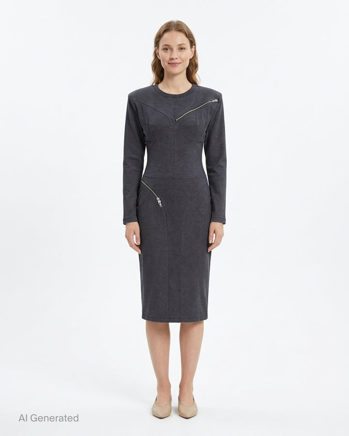 Vaquera women's charcoal long sleeve knit dress with corset-style bodice seams, padded shoulders and diagonal silver zippers - front