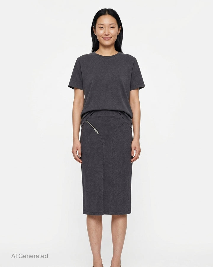 Vaquera washed charcoal knit pencil skirt with a curved diagonal zipper and sculpted seams - front