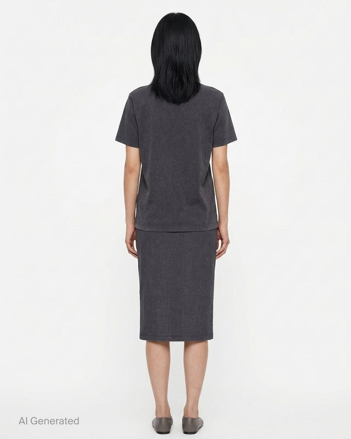 Vaquera washed charcoal knit pencil skirt with a curved diagonal zipper and sculpted seams - back