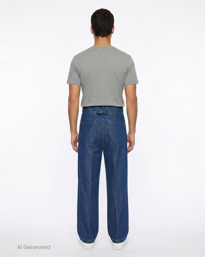 visvim Broader Wide-Leg Jeans in medium indigo denim, shown flat with a high-rise waist, pressed front crease, and wide straight-leg silhouette - back