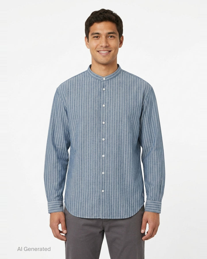 visvim Ingall Long Sleeve Shirt in blue chambray with white pinstripes, featuring a Mandarin band collar, cream button placket, and double-stripe cuff detailing - front