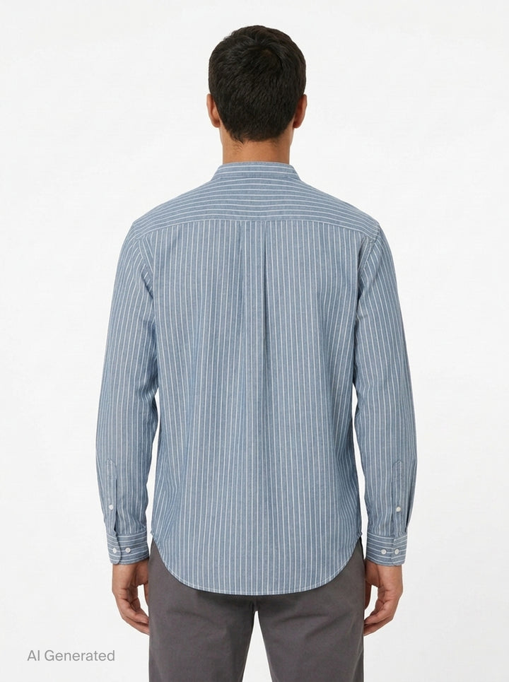 visvim Ingall Long Sleeve Shirt in blue chambray with white pinstripes, featuring a Mandarin band collar, cream button placket, and double-stripe cuff detailing - back