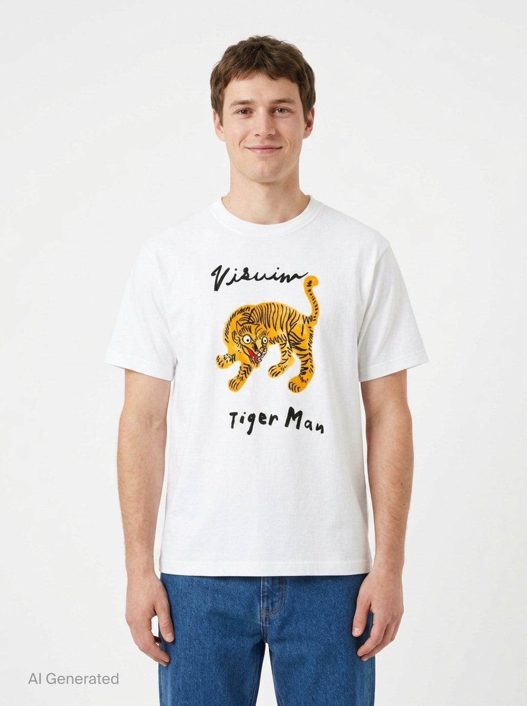 visvim Tiger Man Jumbo Short Sleeve Tee in cornflower blue, featuring a hand-drawn style striped tiger graphic with white script lettering above and below, laid flat on a white background - front