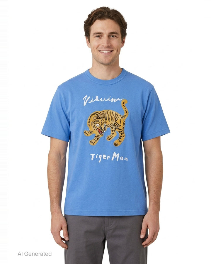 visvim Tiger Man Jumbo Short Sleeve Tee in cornflower blue, featuring a hand-drawn style striped tiger graphic with white script lettering above and below, laid flat on a white background - front