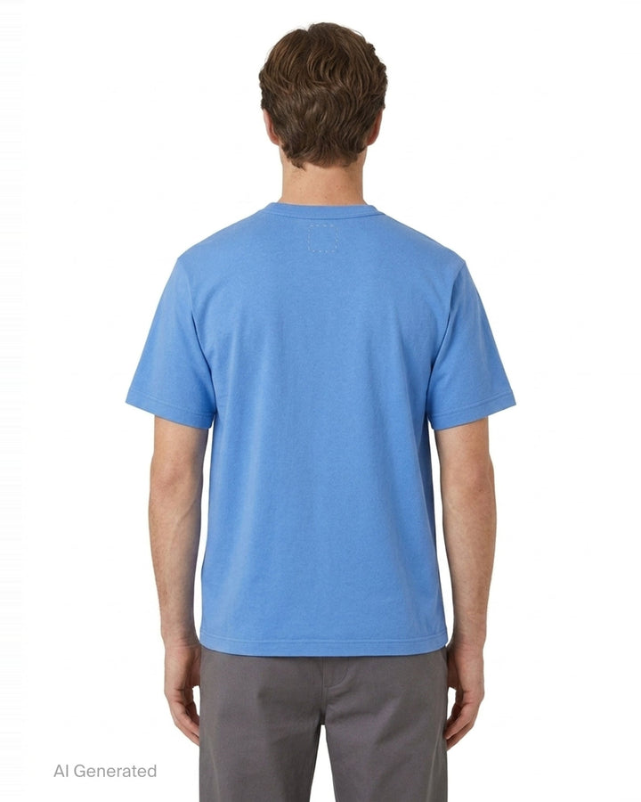 visvim Tiger Man Jumbo Short Sleeve Tee in cornflower blue, featuring a hand-drawn style striped tiger graphic with white script lettering above and below, laid flat on a white background - back