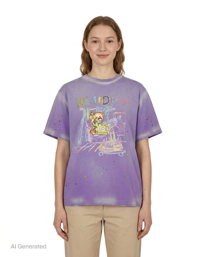 We11done Anniversary Teddy Graphic Tee in washed purple featuring a crayon-style teddy bear birthday illustration, multicolour logo lettering, and paint splatter details on an oversized cotton silhouette - front