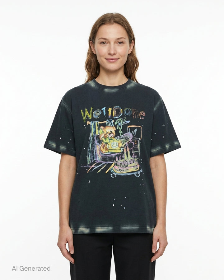 We11done Anniversary Teddy Tee in charcoal with multicolour crayon-style graphic of a teddy bear in a bumper car, paint splatter detailing, and hand-lettered We11done logo print - front
