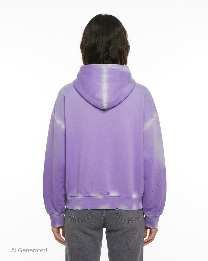 We11done Purple Anniversary Teddy Zip Hoodie with crayon-style teddy bear graphic, multicolour illustrative detailing, paint splatter, and bleach-wash distressing on an oversized silhouette - back