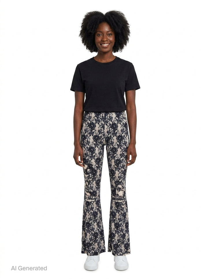 Black Lace Printed Flare Pants | We11done | Club21 - front