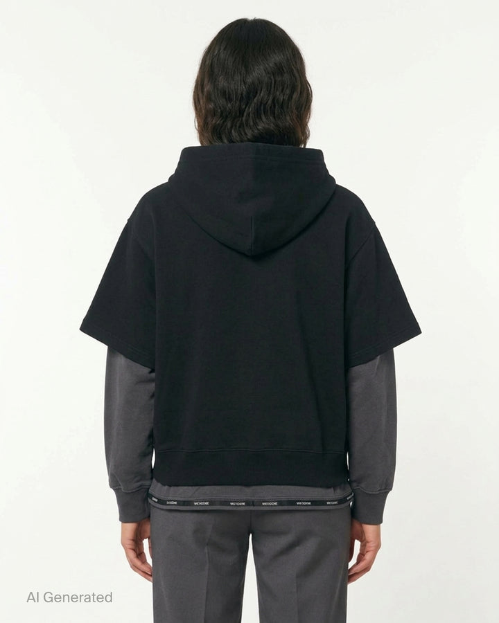 We11done Black Layered Double String Hoodie with contrast charcoal grey extended sleeves, full-length zip closure, logo drawstrings, and branded ribbed hem — front view - back
