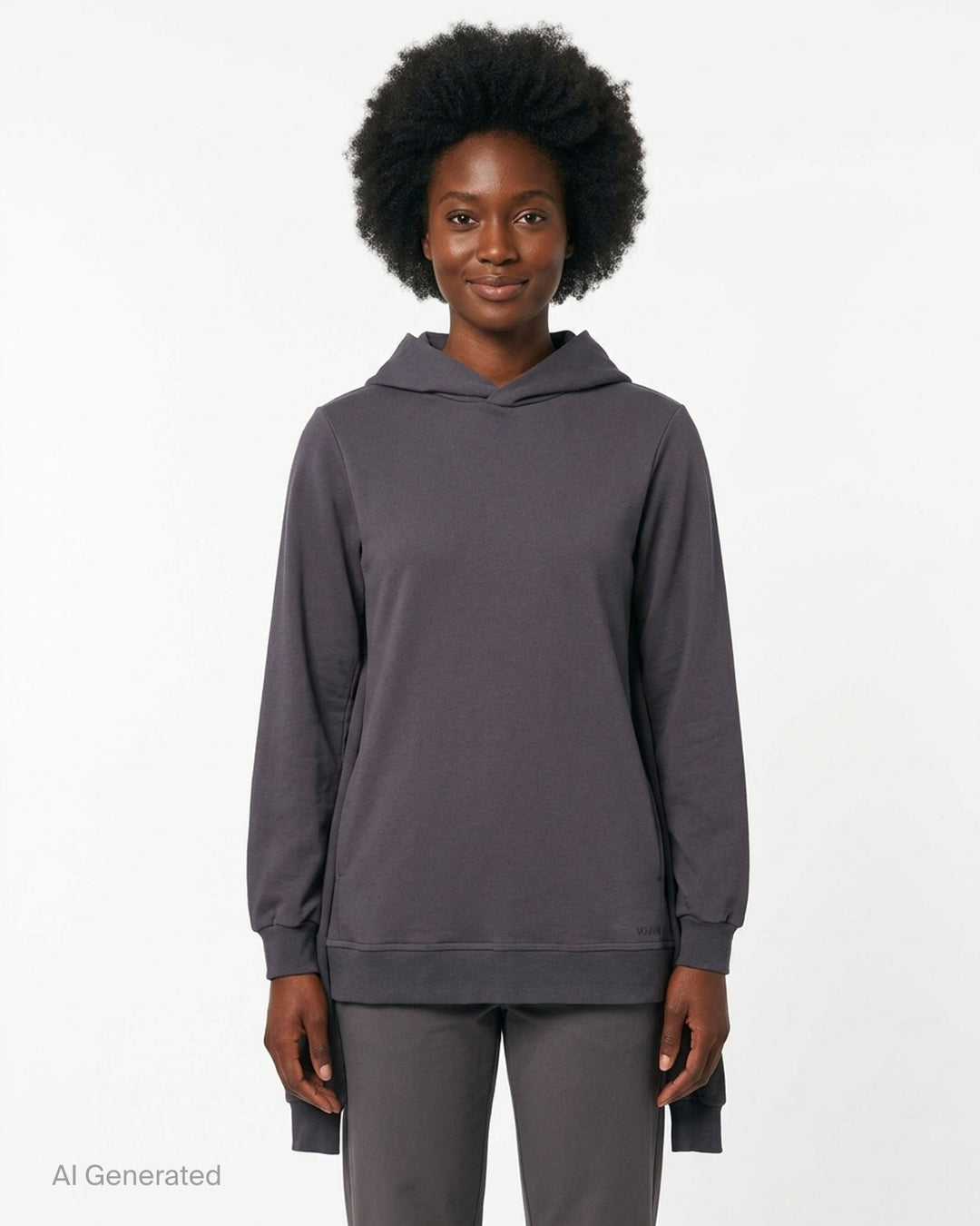 We11done Charcoal Layered Sleeve Hoodie — front view showing double-layered construction, draped oversized hood, and elongated ribbed hem panels - front