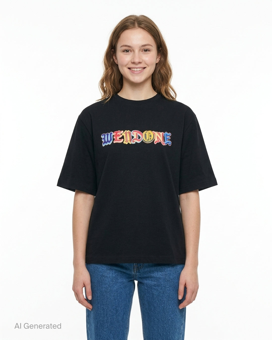 We11done black short sleeve oversized tee with multicolour Old English logo patch graphic across the chest - front