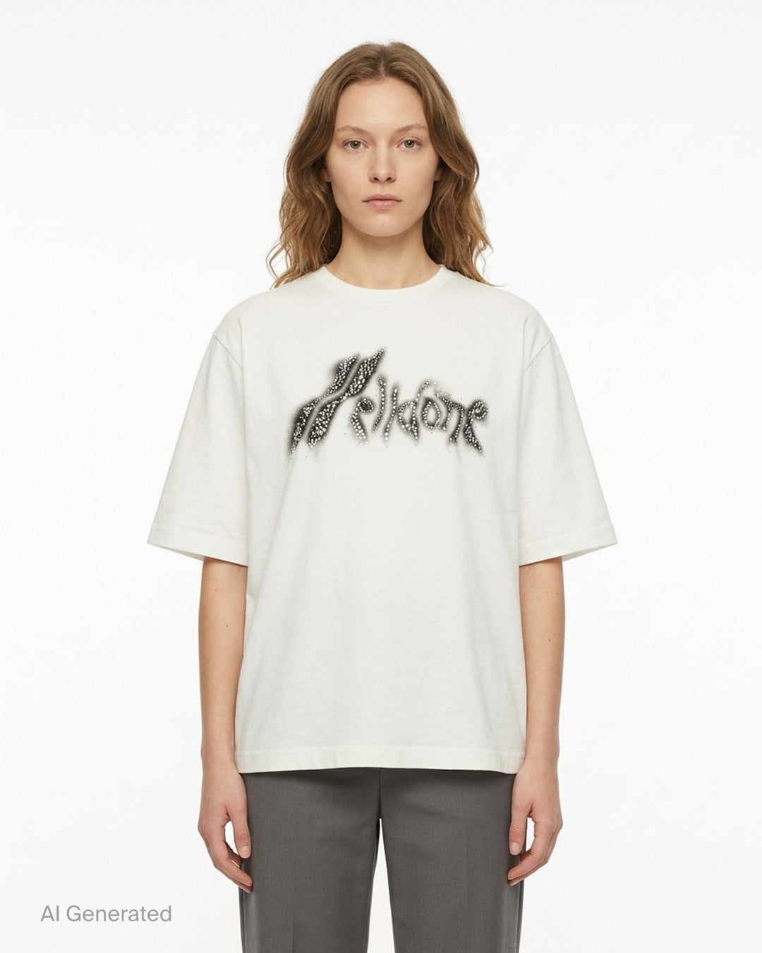 We11done White Crystal Logo T-Shirt with airbrushed graffiti-style jewelled brand logo graphic on the chest, oversized fit, crew neck, short sleeves - front