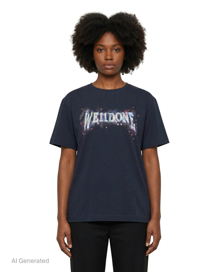 We11done Navy Glowstar T-Shirt with iridescent logo graphic and pink star motifs on a dark navy cotton base, front view - front