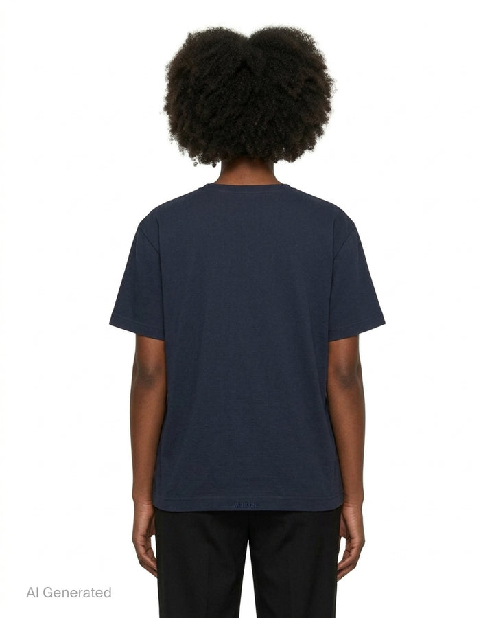 We11done Navy Glowstar T-Shirt with iridescent logo graphic and pink star motifs on a dark navy cotton base, front view - back