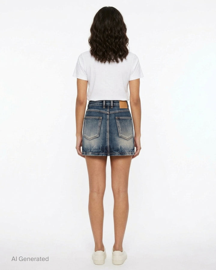 We11done Repaired Check Denim Mini Skirt in vintage-washed blue with contrast orange stitching, antique brass hardware, and an oval plaid check patch with embroidered We11done logo - back