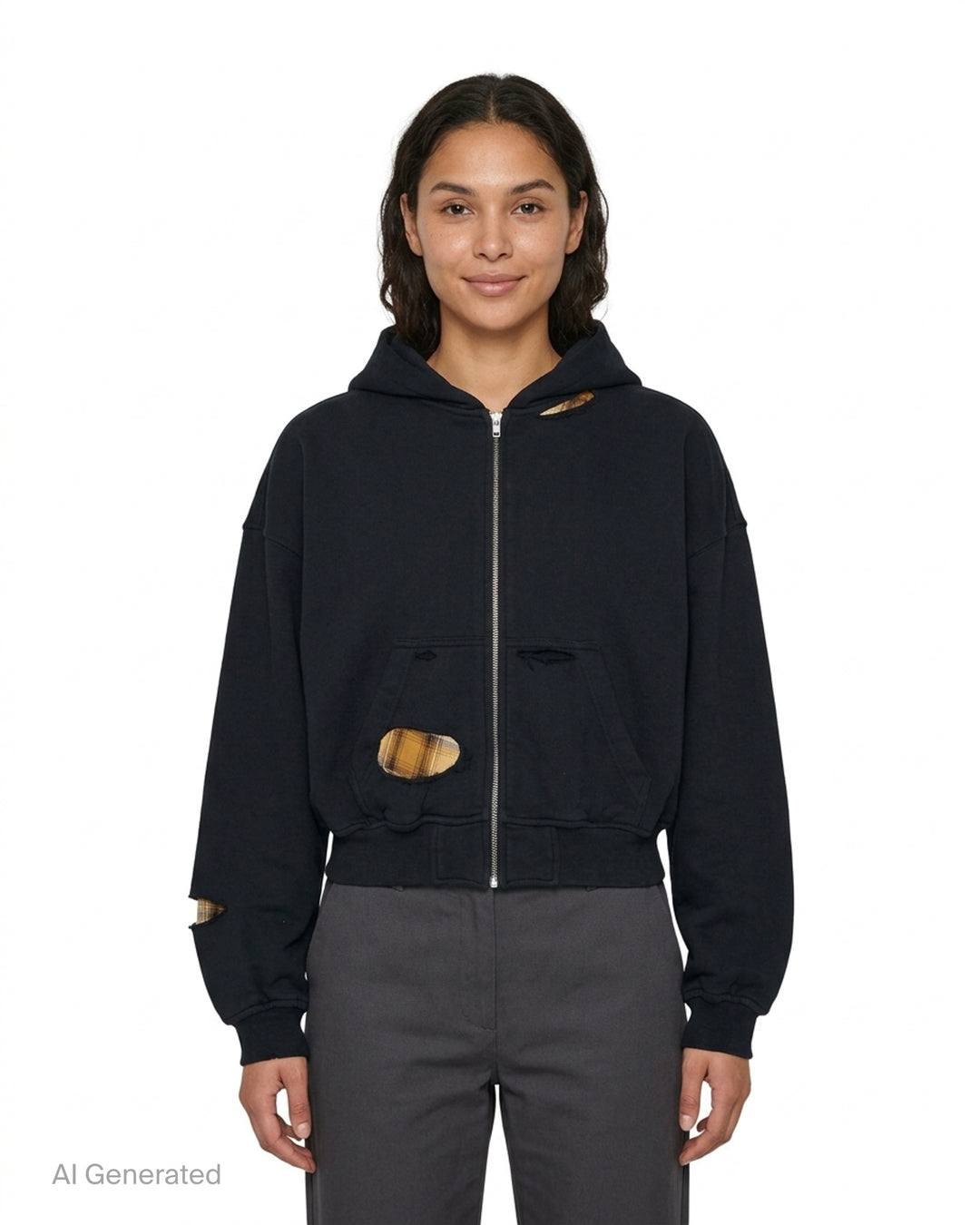 We11done Black Repaired Zip-Up Hoodie with plaid-lined cut-out distressing, silver zip closure, and cropped oversized silhouette, front view on white background - front