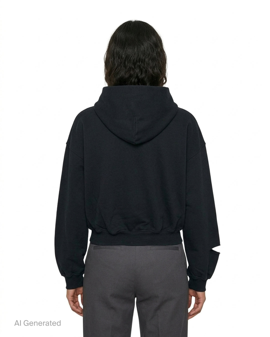 We11done Black Repaired Zip-Up Hoodie with plaid-lined cut-out distressing, silver zip closure, and cropped oversized silhouette, front view on white background - back