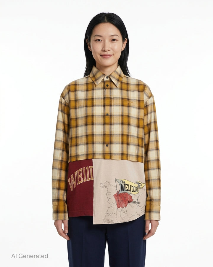 We11done Reworked Plaid Jersey Shirt in mustard yellow tartan flannel with burgundy varsity-lettered and ecru cartographic jersey panels, front view - front