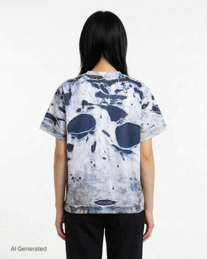 We11done Vintage Printed T-Shirt in light grey with photorealistic all-over distressed denim and chain necklace trompe-l'oeil print, boxy crew-neck silhouette - back