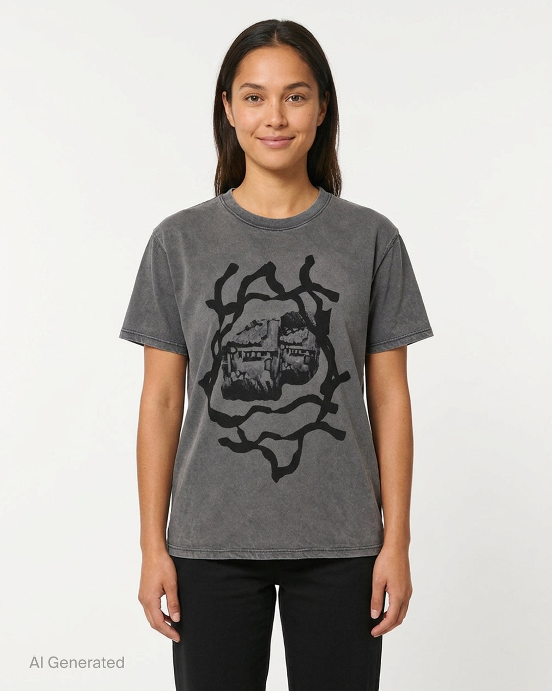 Westfall Ginji short sleeve T-shirt in washed charcoal with a black cottage graphic surrounded by twisting branches - front
