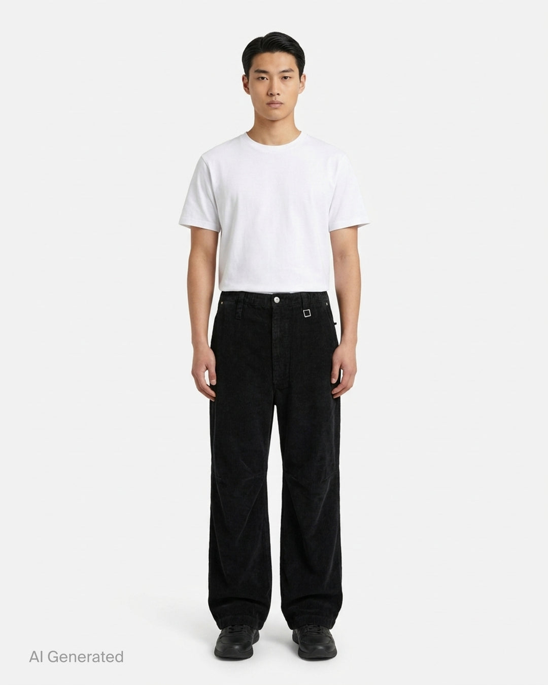 Wooyoungmi black corduroy wide-leg pants with elasticated waistband, buckle hardware, articulated knee panels, and cuffed hems, displayed flat on a white background - front