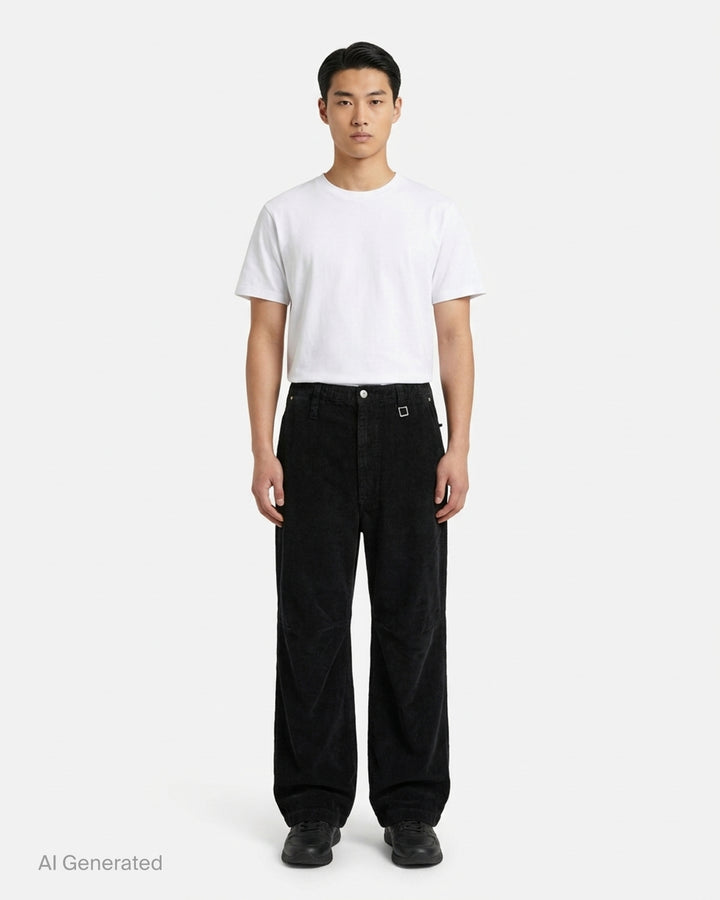 Wooyoungmi black corduroy wide-leg pants with elasticated waistband, buckle hardware, articulated knee panels, and cuffed hems, displayed flat on a white background - front