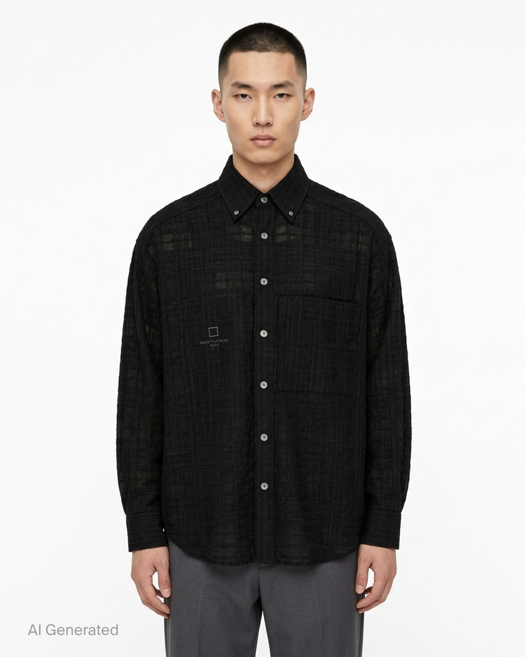 Wooyoungmi Crinkled Texture Long Sleeve Shirt in black, featuring a semi-sheer tonal plaid weave, button-down collar, chest patch pocket, and tone-on-tone Wooyoungmi Paris logo - front