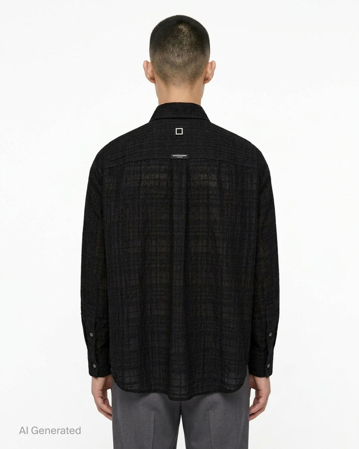 Wooyoungmi Crinkled Texture Long Sleeve Shirt in black, featuring a semi-sheer tonal plaid weave, button-down collar, chest patch pocket, and tone-on-tone Wooyoungmi Paris logo - back