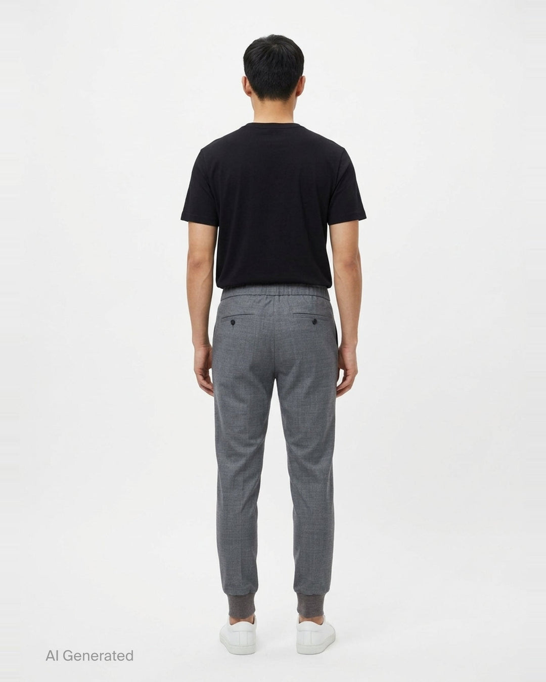 Wooyoungmi Elastic Waist Slim Pants in grey mélange fabric with ribbed knit cuffs and metal hardware detail at the waistband, front view - back
