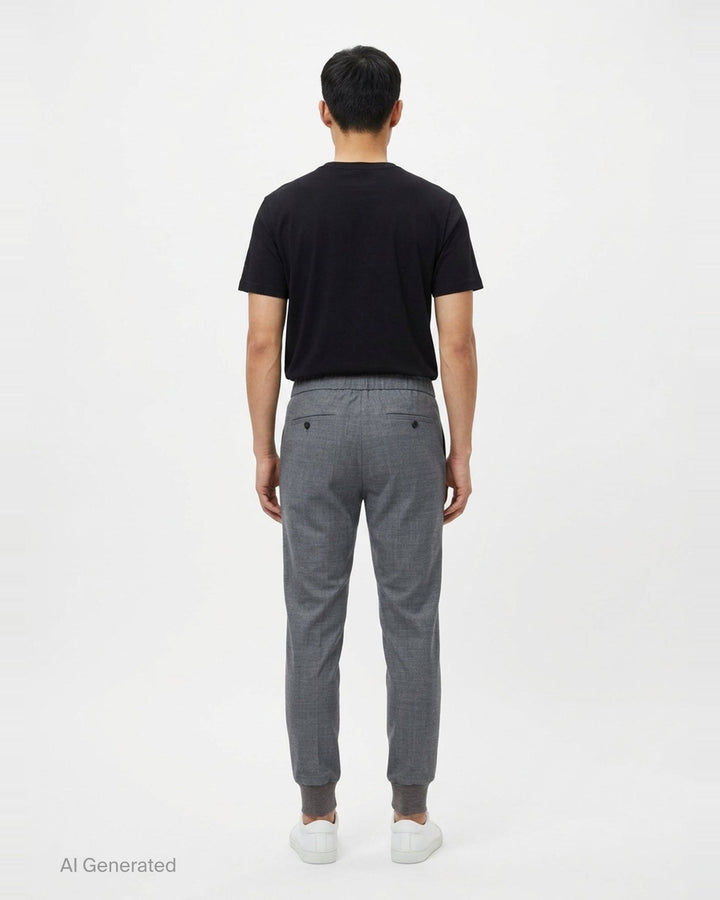 Wooyoungmi Elastic Waist Slim Pants in grey mélange fabric with ribbed knit cuffs and metal hardware detail at the waistband, front view - back