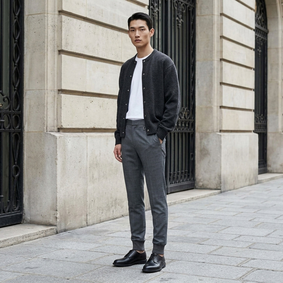 Wooyoungmi Elastic Waist Slim Pants in grey mélange fabric with ribbed knit cuffs and metal hardware detail at the waistband, front view - lifestyle