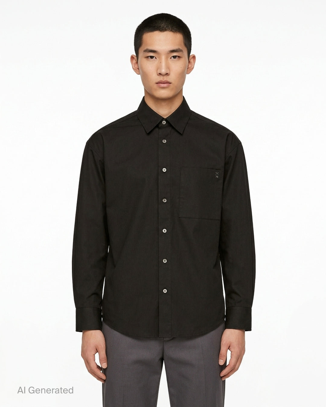 Wooyoungmi black long sleeve button-up shirt with tonal embroidered logo on chest pocket and silver-tone buttons - front