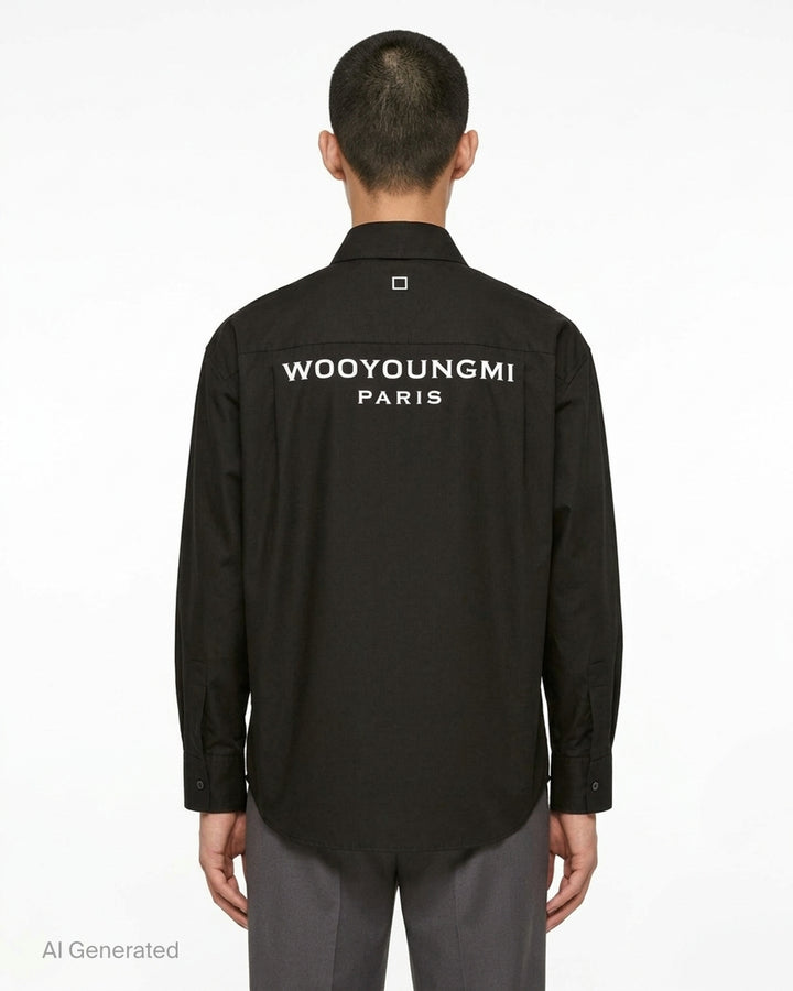 Wooyoungmi black long sleeve button-up shirt with tonal embroidered logo on chest pocket and silver-tone buttons - back