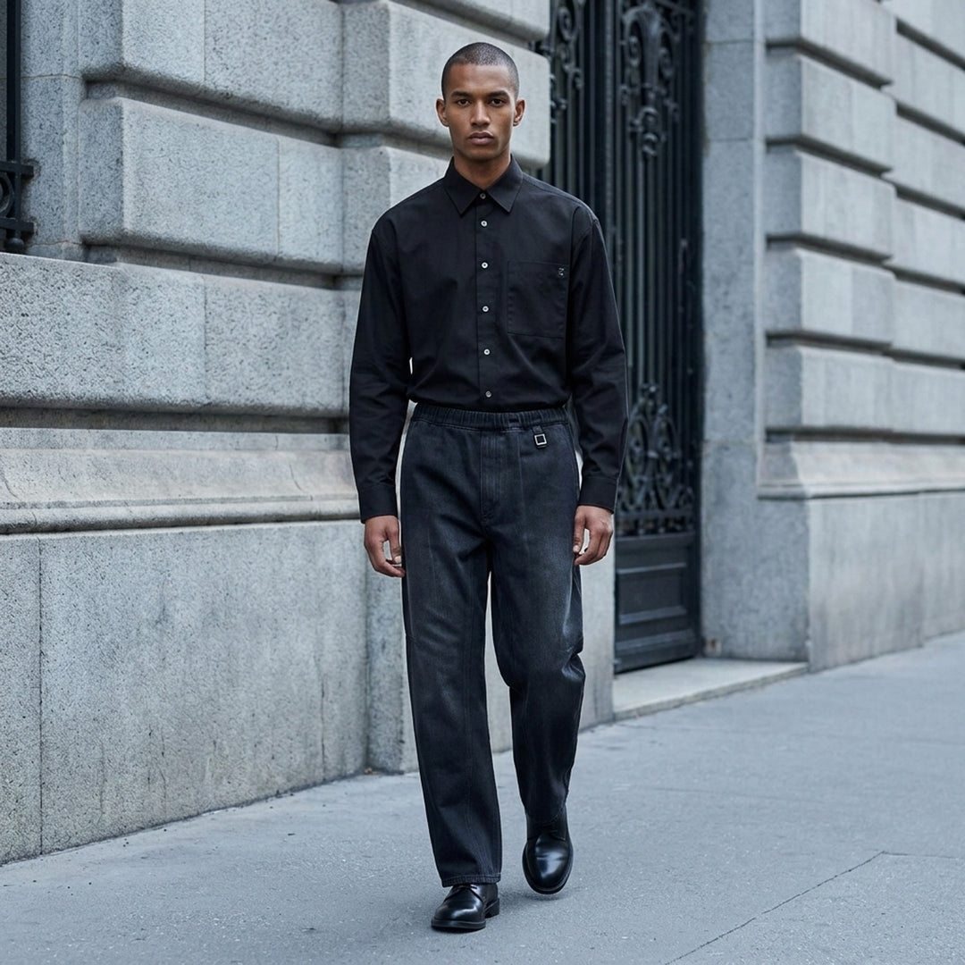 Wooyoungmi black long sleeve button-up shirt with tonal embroidered logo on chest pocket and silver-tone buttons - lifestyle