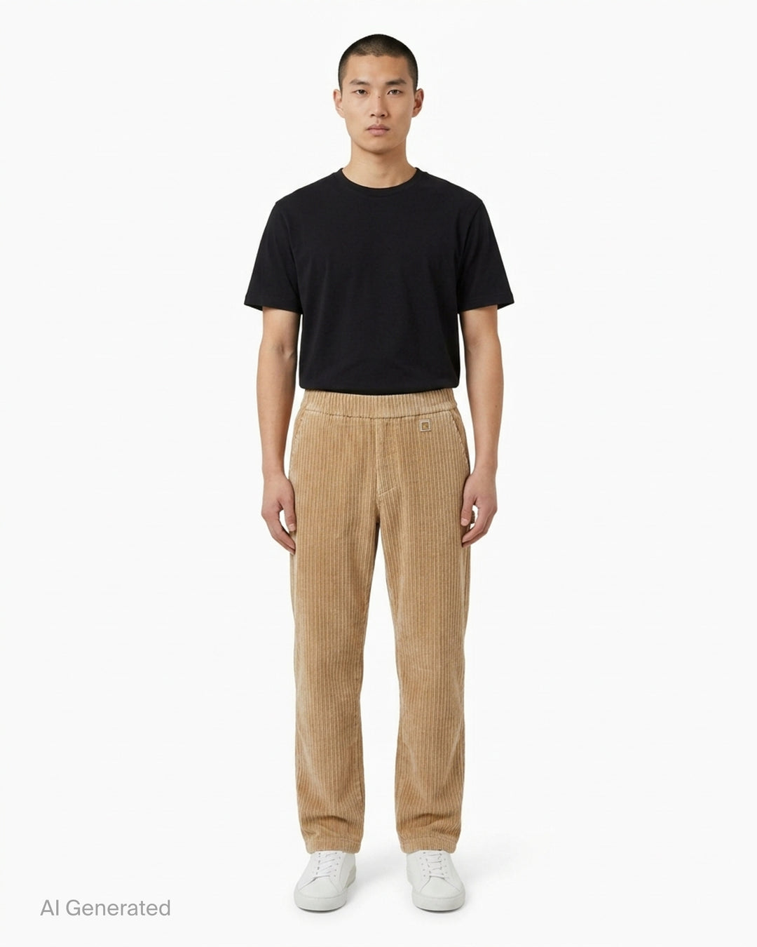 Wooyoungmi Flock Corduroy Track Pants in sand, featuring a wide-wale ribbed texture, elasticated waistband, and straight-leg silhouette with metal hardware label detail - front