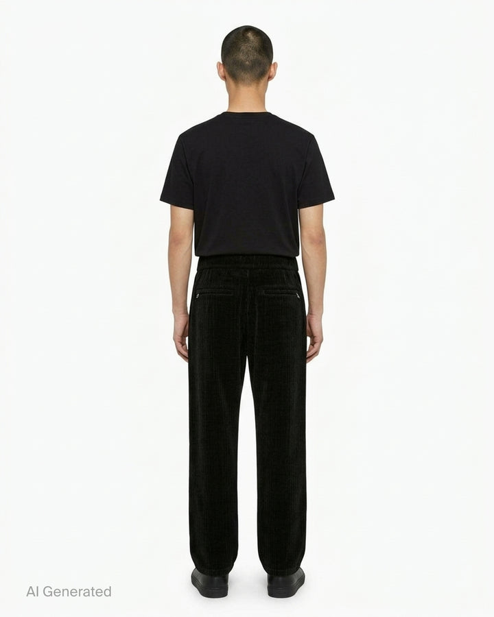 Wooyoungmi Flock Corduroy Track Pants in sand, featuring a wide-wale ribbed texture, elasticated waistband, and straight-leg silhouette with metal hardware label detail - back