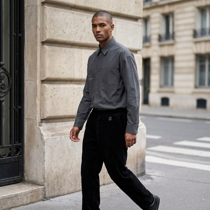 Wooyoungmi Flock Corduroy Track Pants in sand, featuring a wide-wale ribbed texture, elasticated waistband, and straight-leg silhouette with metal hardware label detail - lifestyle