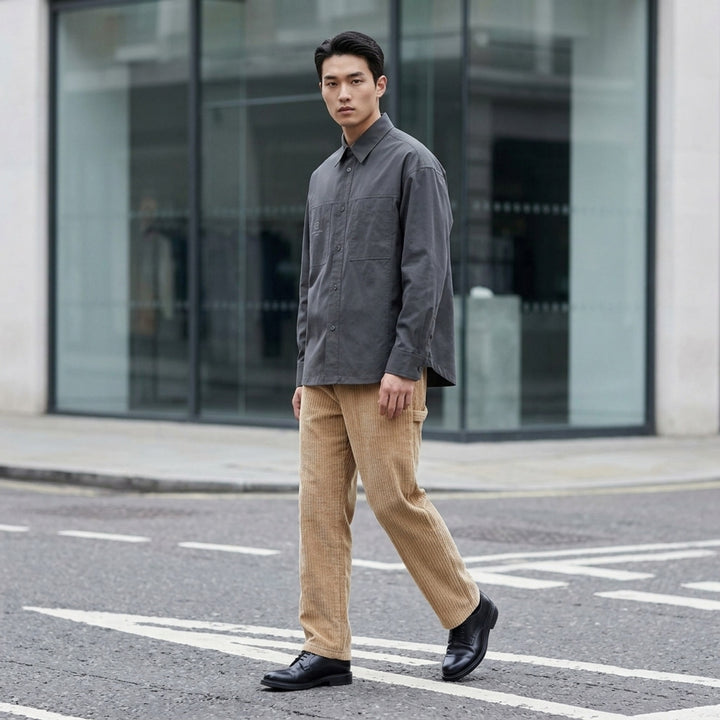 Wooyoungmi Flock Corduroy Track Pants in sand, featuring a wide-wale ribbed texture, elasticated waistband, and straight-leg silhouette with metal hardware label detail - lifestyle