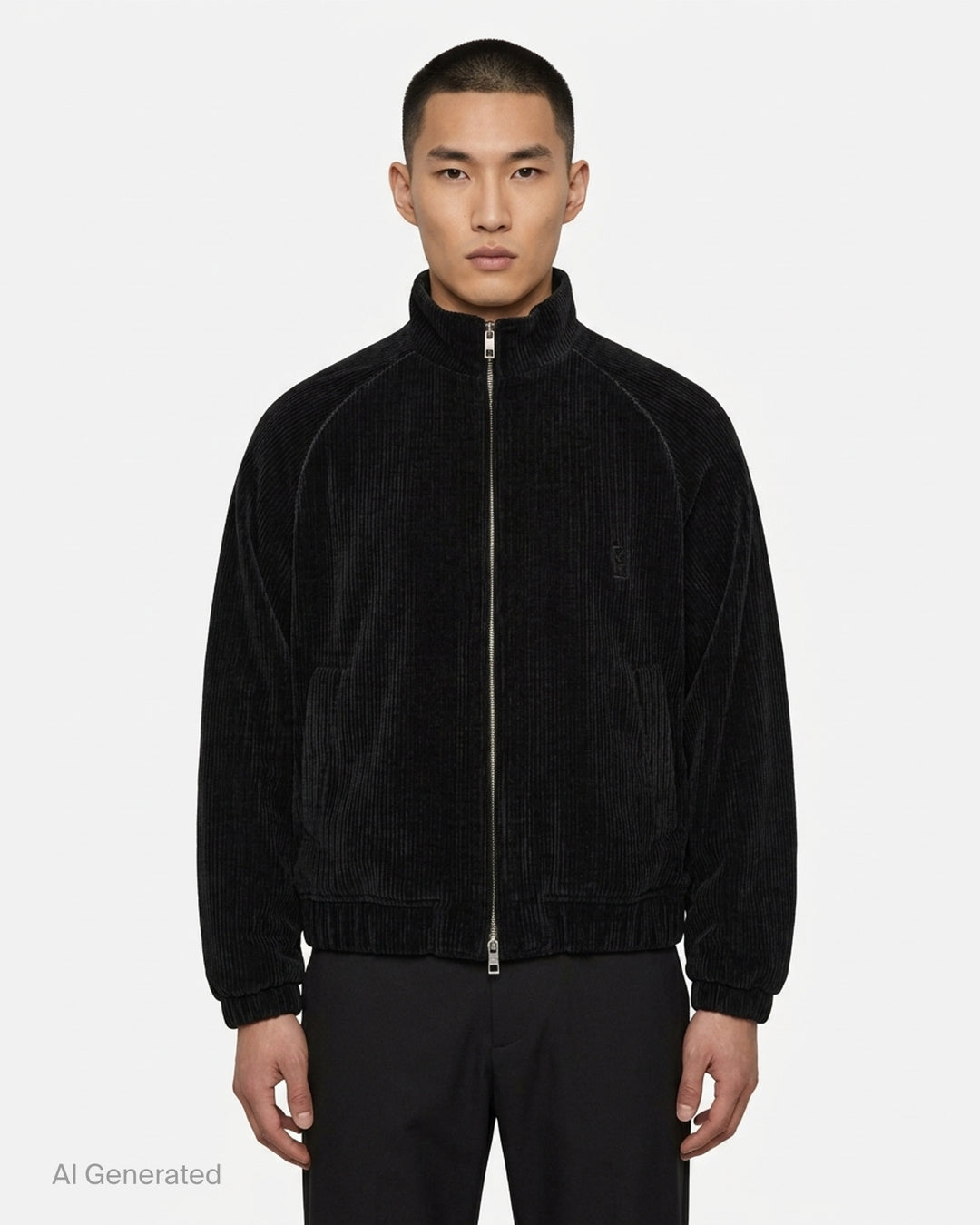Wooyoungmi Flock Track Jacket in beige wide-wale corduroy with full-length silver zip, mock neck collar, raglan sleeves, and tonal logo patch - front
