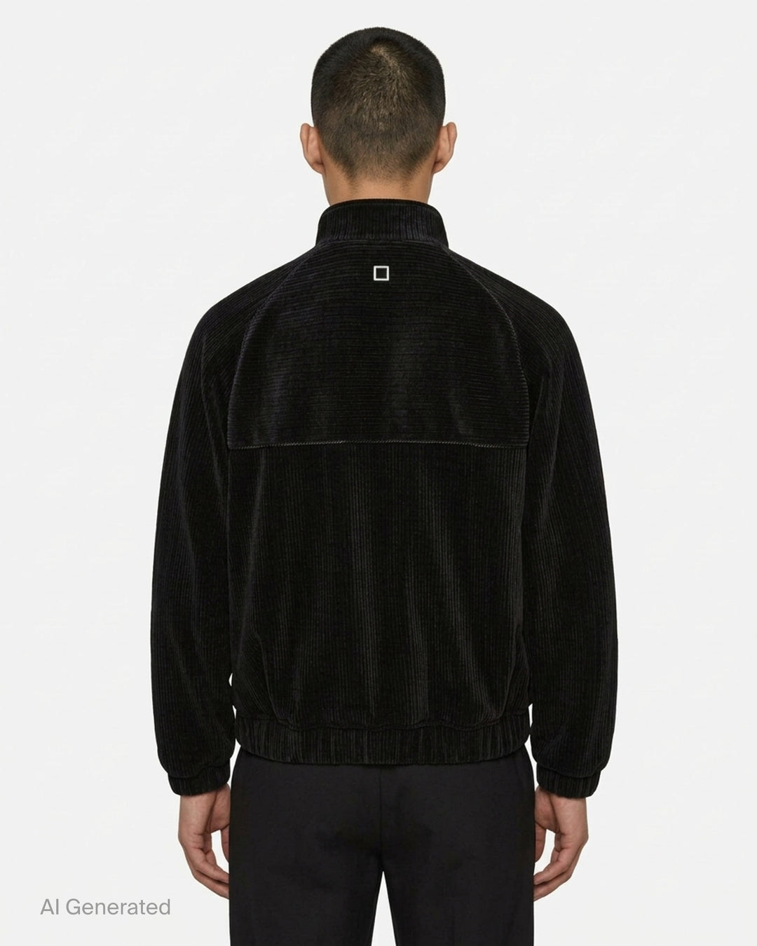 Wooyoungmi Flock Track Jacket in beige wide-wale corduroy with full-length silver zip, mock neck collar, raglan sleeves, and tonal logo patch - back