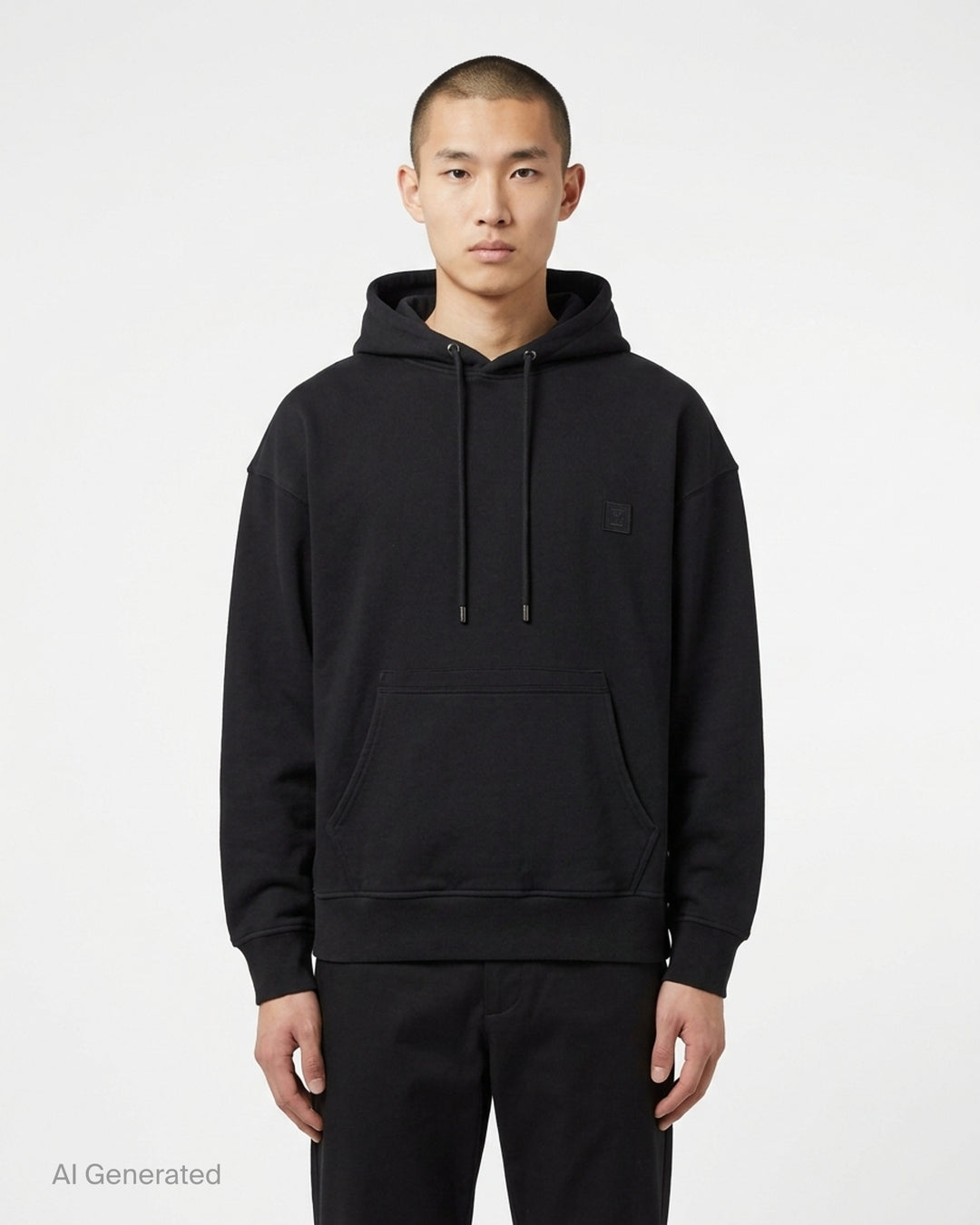 Wooyoungmi black pullover hoodie with drawstring hood, kangaroo pocket and tonal logo patch on the chest - front