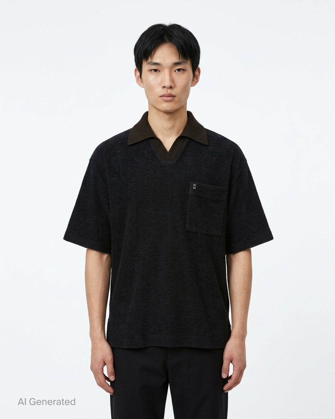 Wooyoungmi Oversized Textured Polo in black, featuring an open-placket collar, boxy short-sleeve silhouette, chest patch pocket with tonal WM monogram badge, and side hem vents - front