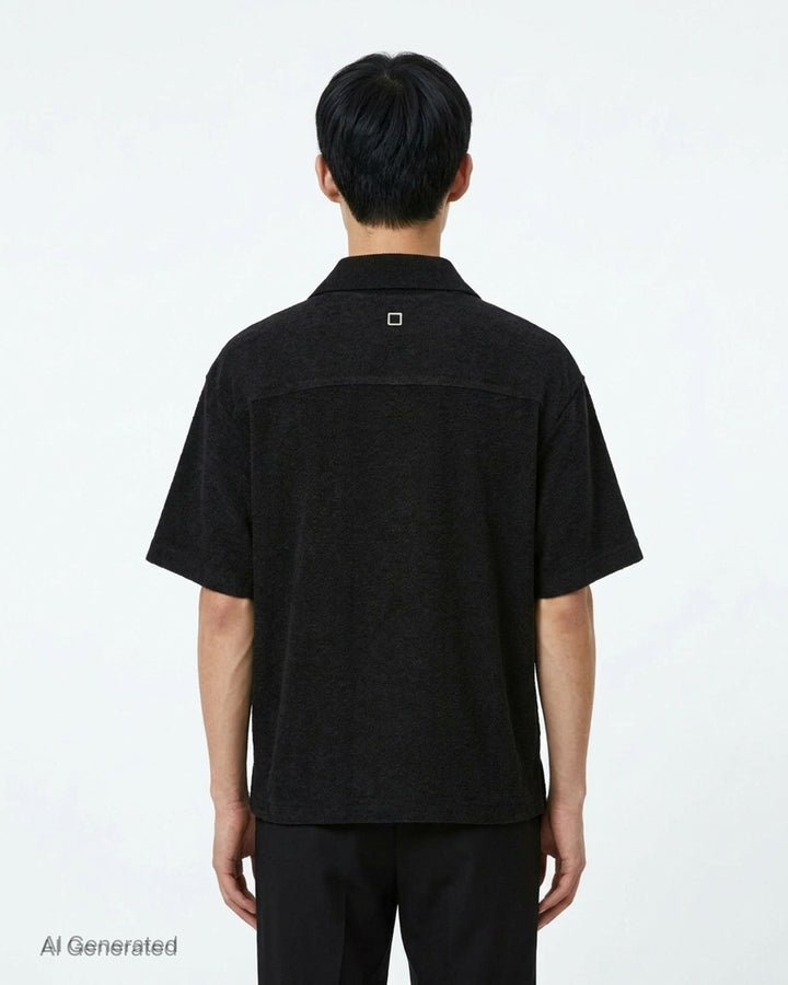 Wooyoungmi Oversized Textured Polo in black, featuring an open-placket collar, boxy short-sleeve silhouette, chest patch pocket with tonal WM monogram badge, and side hem vents - back