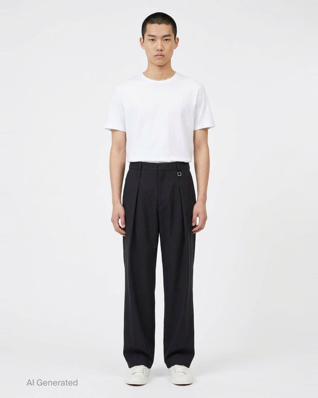 Wooyoungmi black pleated high-rise trousers with double front pleats and side metal buckle adjuster, displayed flat on white background - front
